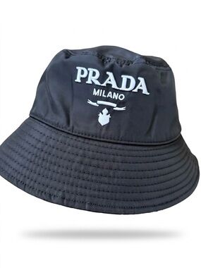 Prada Black Bucket Hat with White Embroidered Logo
